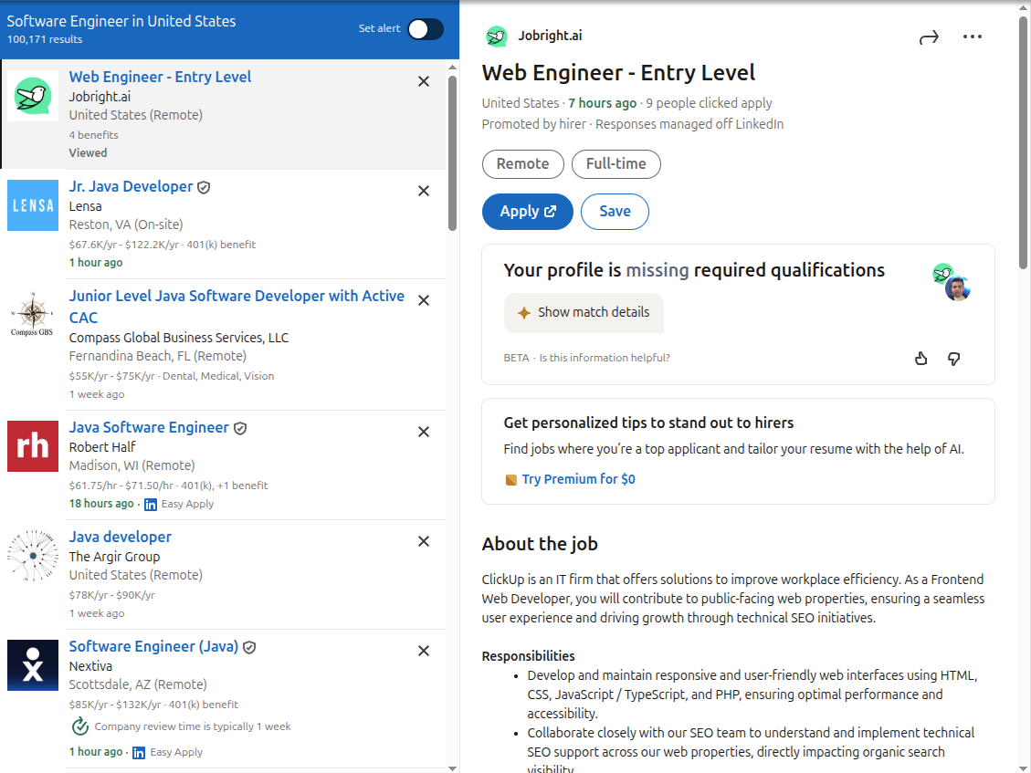 LinkedIn jobs search page