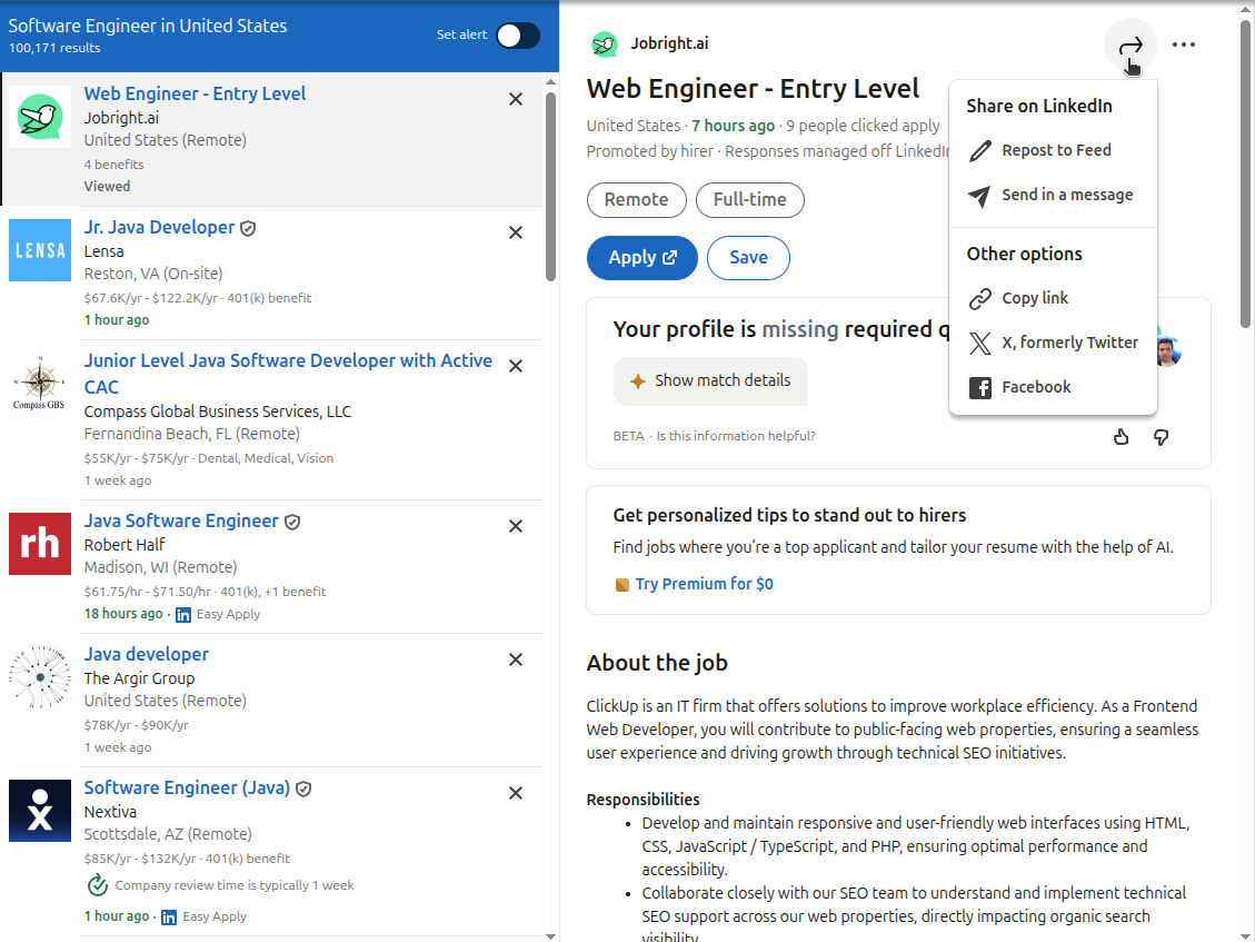 LinkedIn job page with sharing menu