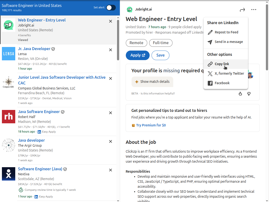 Copying LinkedIn job link